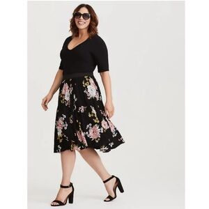 torrid Black Floral Midi Circle Skirt with Pink & Yellow Blooms